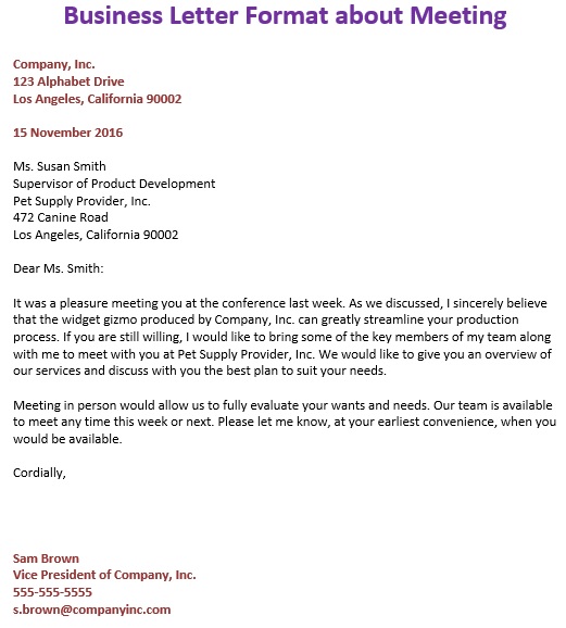 business letter format about meeting