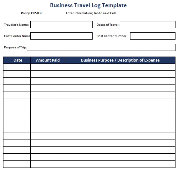business travel log template