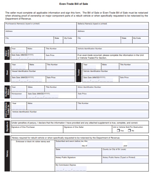 even trade bill of sale form