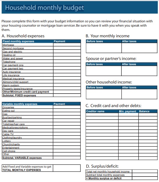 free household budget worksheet pdf