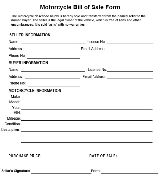free printable bill of sale form for motorcycle