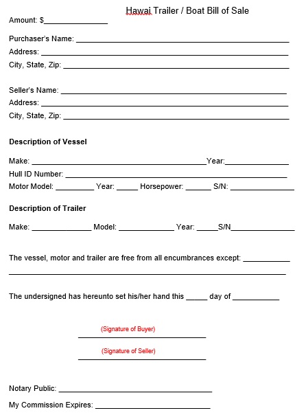 hawai boat or trailer bill of sale form template