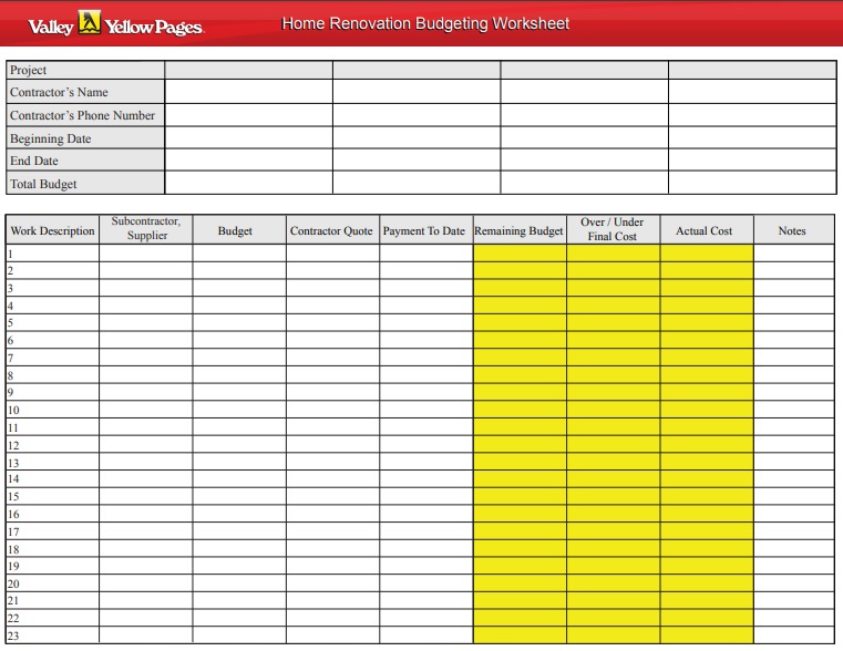 home renovation budgeting worksheet