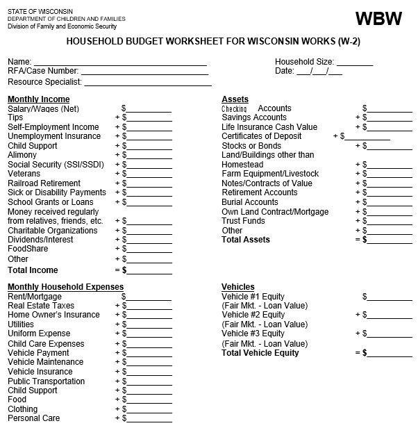 household budget worksheet for wisconsin works