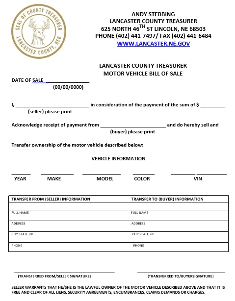 lancaster county treasurer motor vehicle bill of sale form