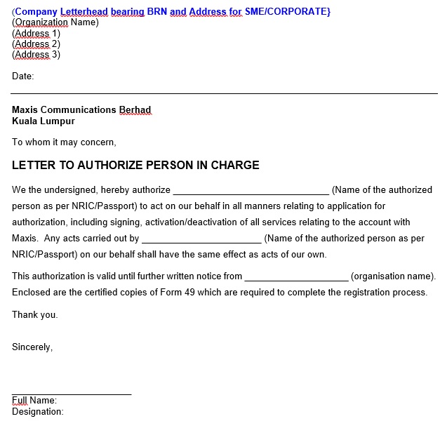 letter to authorize person in charge