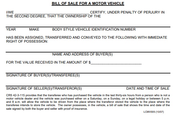 printable bill of sale motor vehicle template