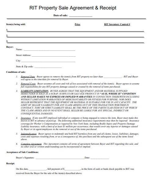property sale agreement & receipt template