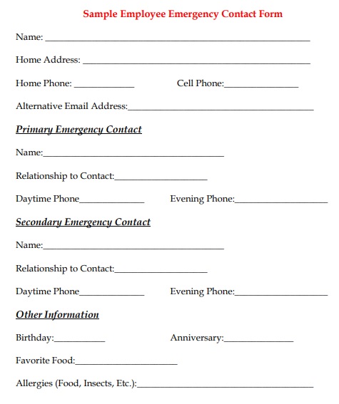 sample employee emergency contact form