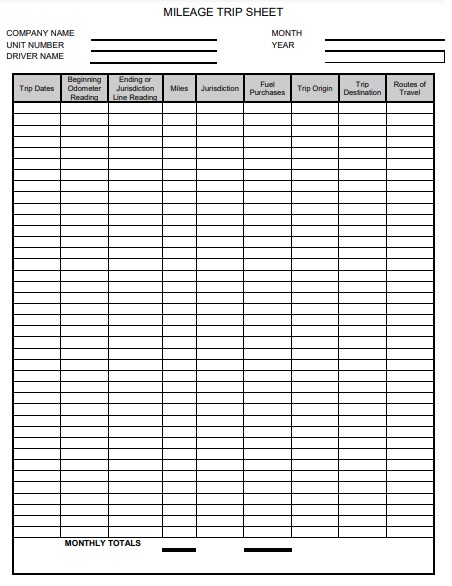 standard travel log sheet template