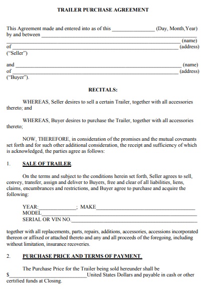 trailer bill of sale for purchase agreement form