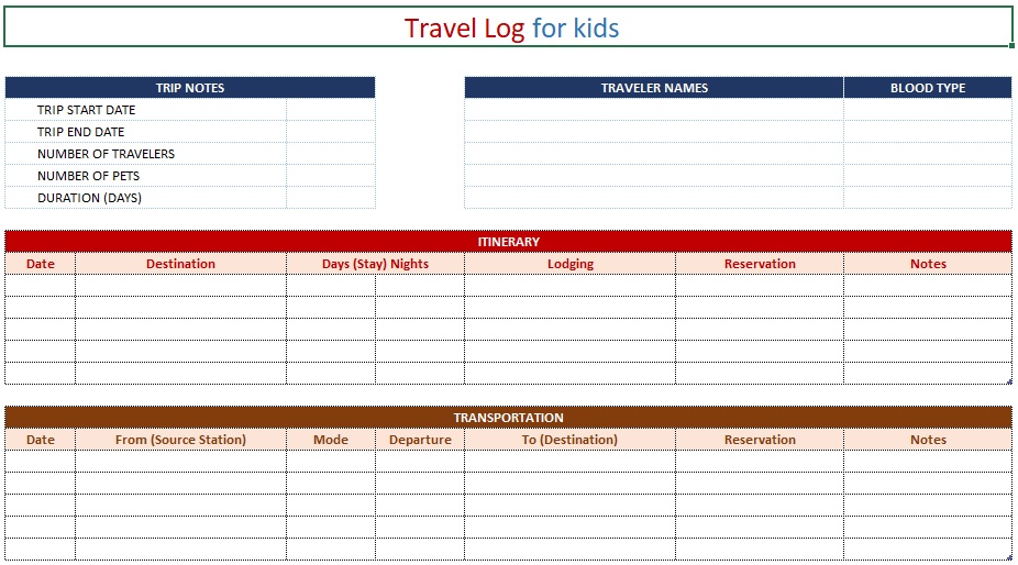 travel log template for kids