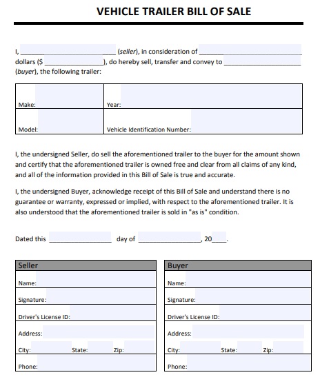 Free Printable Trailer Bill of Sale Form [Word, PDF] - Bestcollections.org