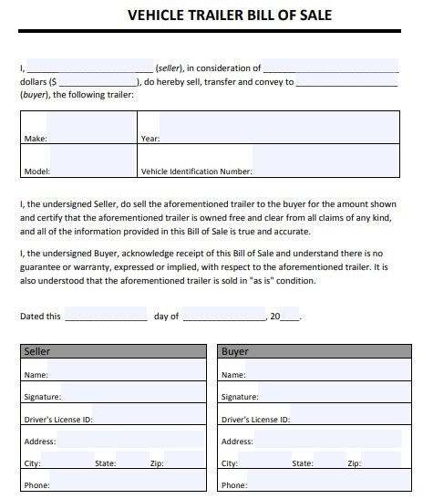 Free Printable Trailer Bill Of Sale Forms Word Pdf Best Collections