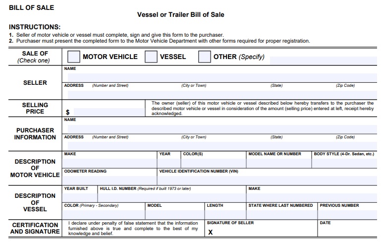 vessel or trailer bill of sale form