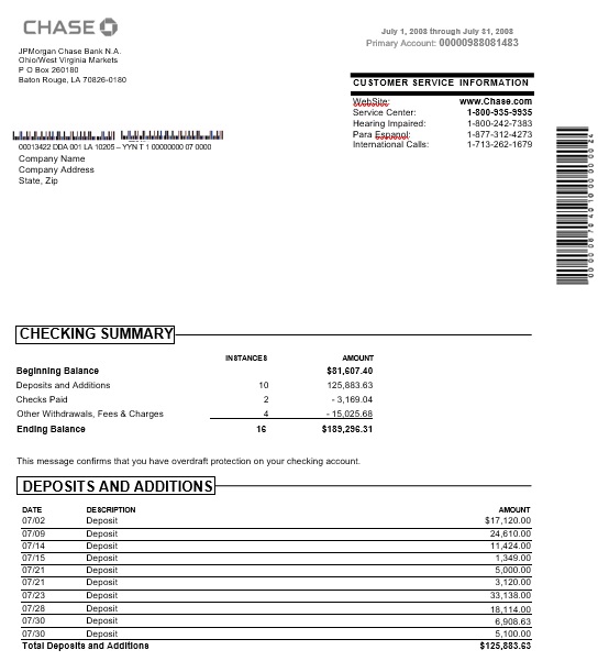 Fillable Chase Bank Statement Template