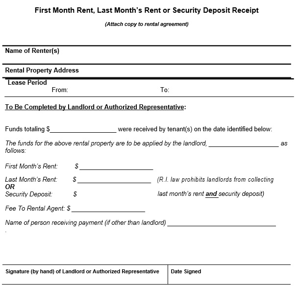 first and last month rent or security deposit receipt template