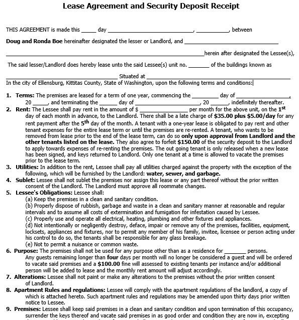 lease agreement and security deposit receipt template