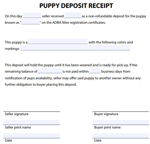 puppy deposit receipt template