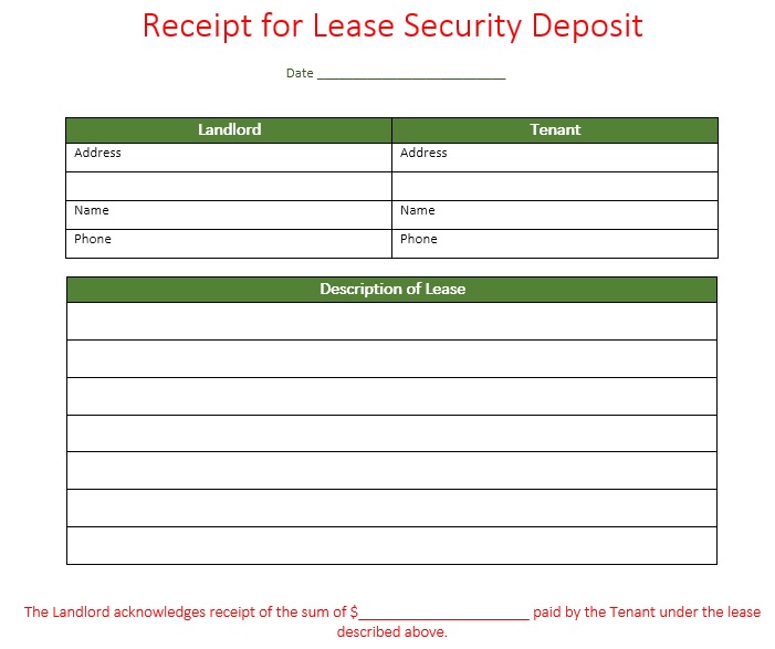 receipt for lease security deposit template