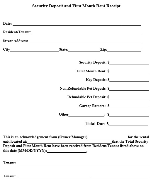security deposit and first month rent receipt template