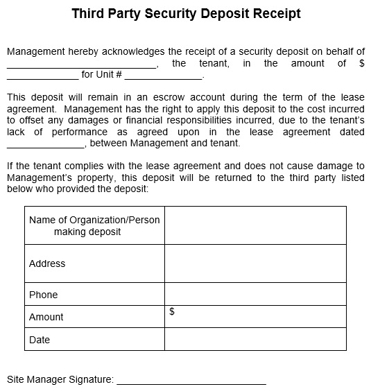 third party security deposit receipt template