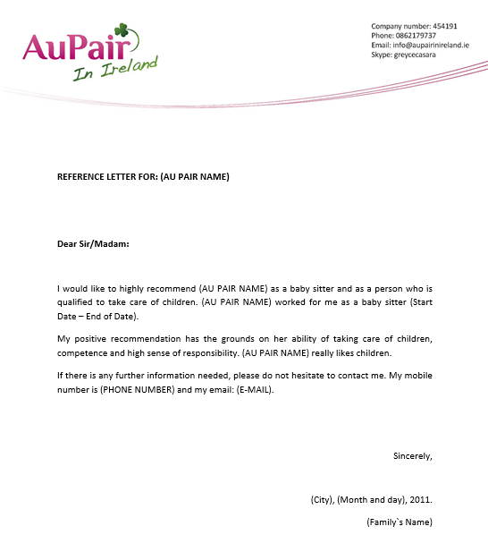 character reference letter for au pair