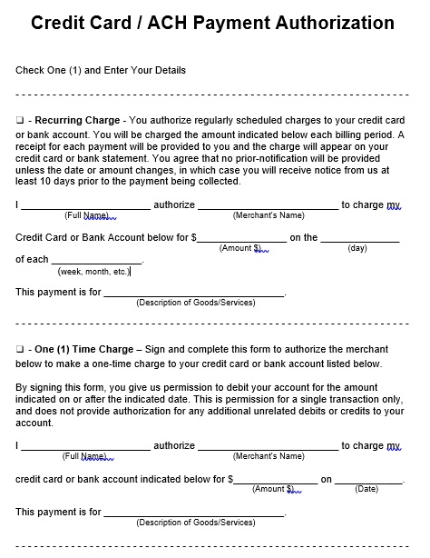 credit card ach payment authorization form
