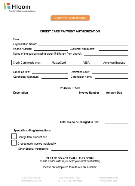 credit card payment authorization form
