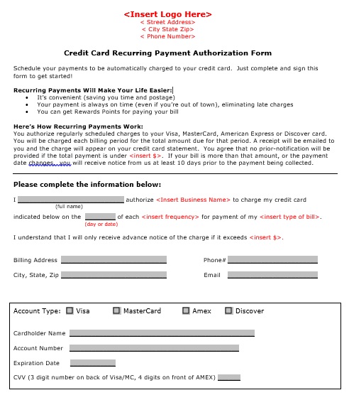 credit card recurring payment authorization form