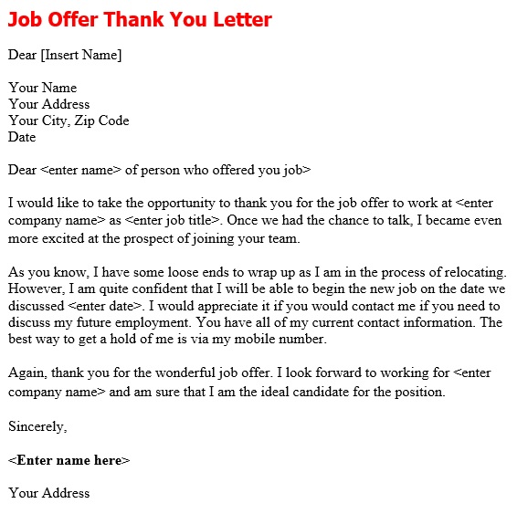 free thank you letter for job offer