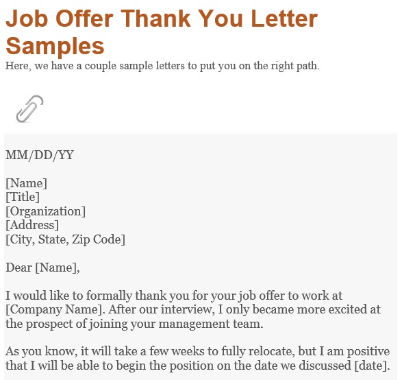 job offer thank you letter sample