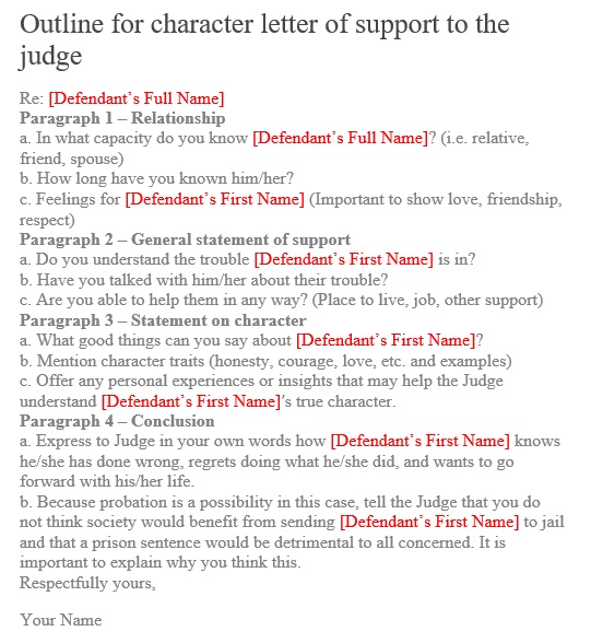 outline for character letter of support to the judge sample