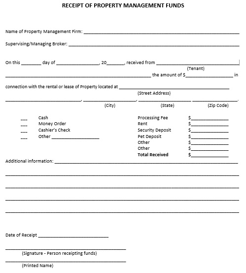 receipt of property management funds template