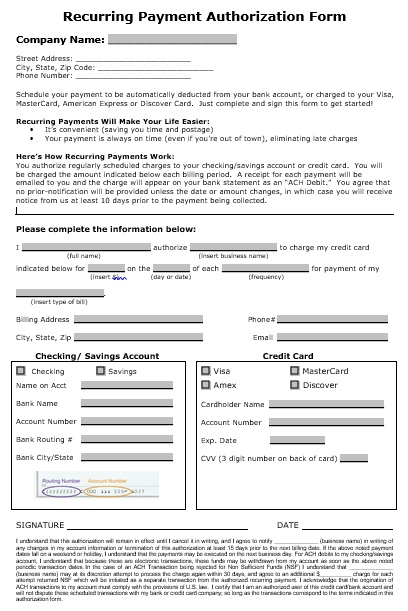 recurring payment authorization form template