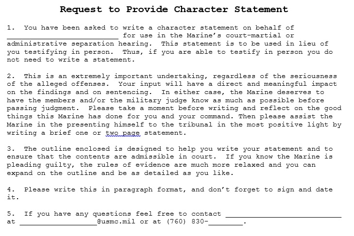 request to provide character statement for court