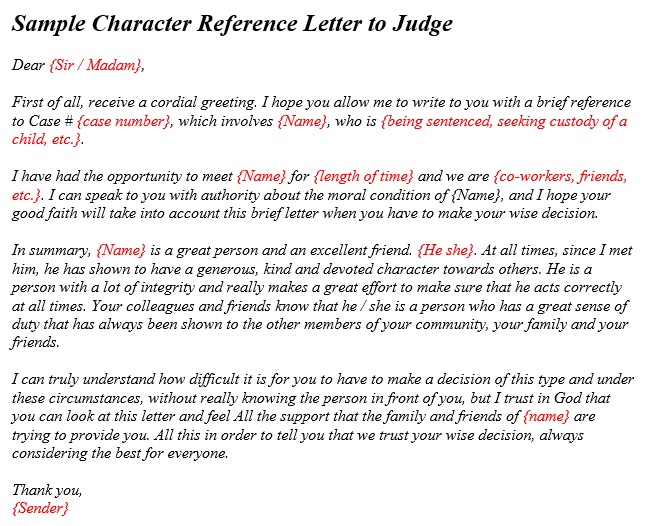 sample character reference letter to judge