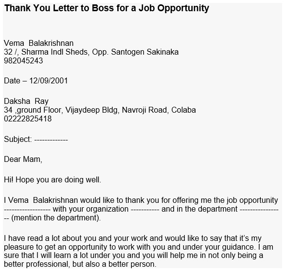 thank you letter to boss for job opportunity