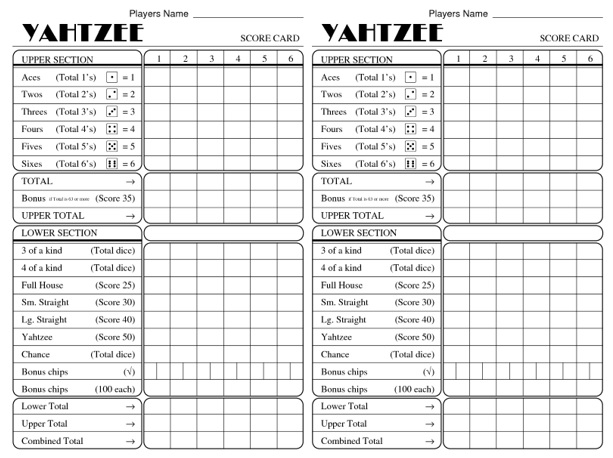 yahtzee score sheet