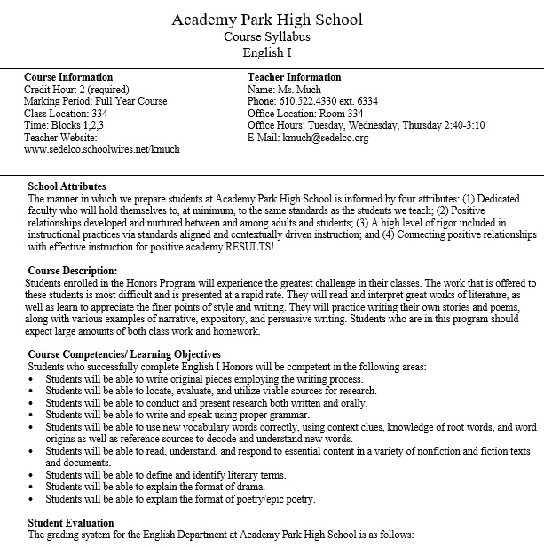 academy park high school course syllabus template