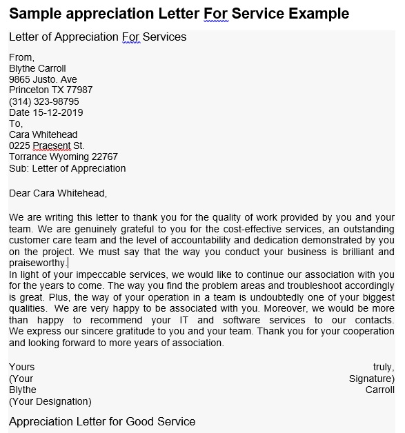 appreciation letter for service example