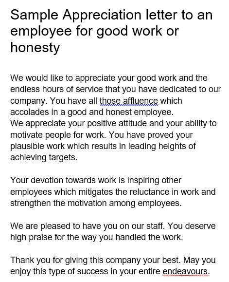 appreciation letter to an employee for good work or honesty