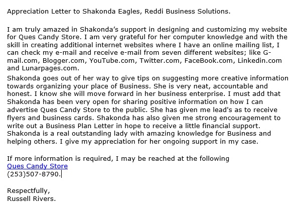 appreciation letter to shakonda eagles company
