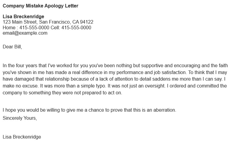 company mistake apology letter