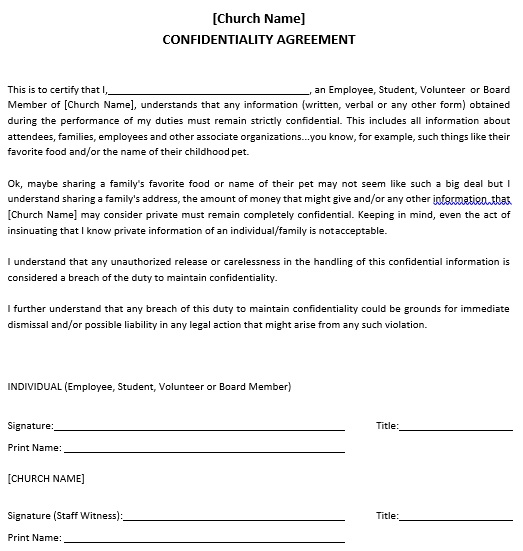 confidentiality agreement for church volunteers