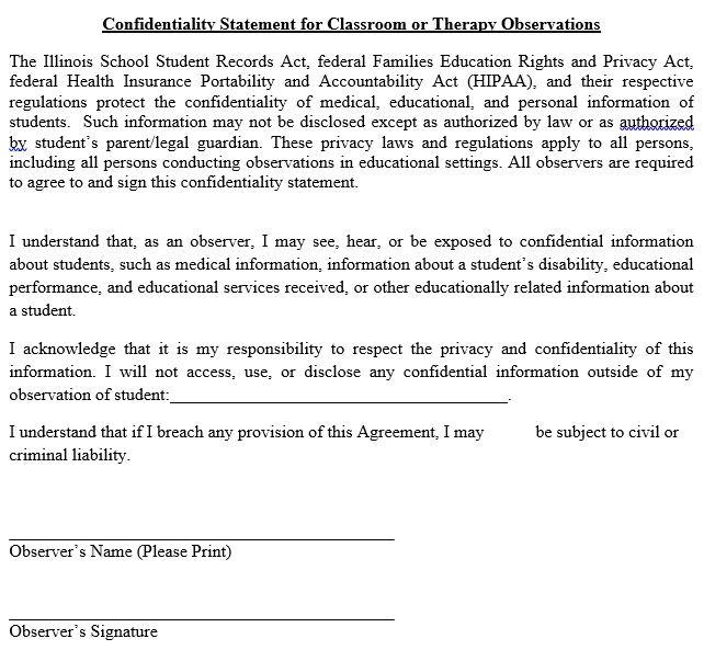 confidentiality statement for classroom or therapy observations