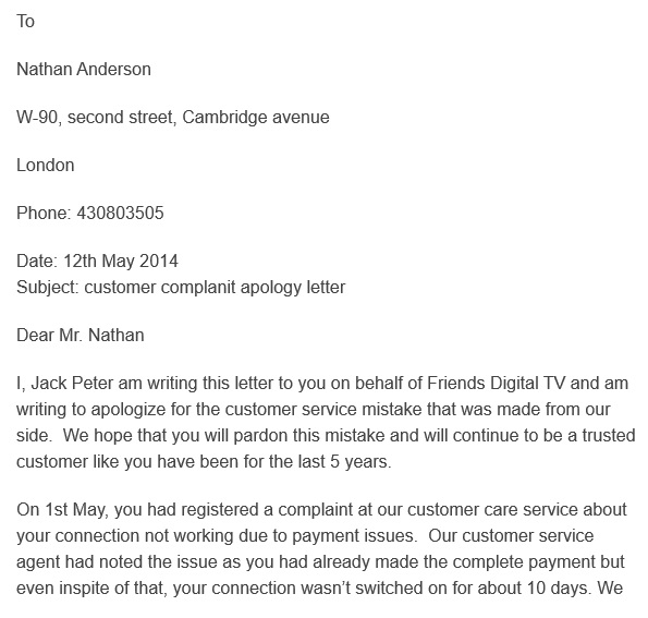 customer complaint apology letter