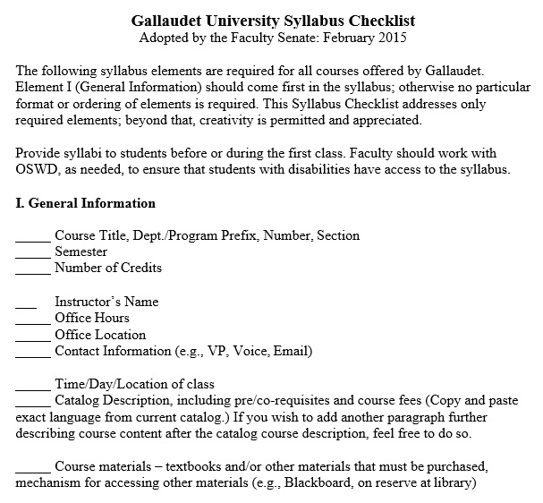 gallaudet university syllabus checklist template