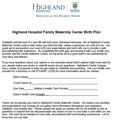 hospital birth plan template