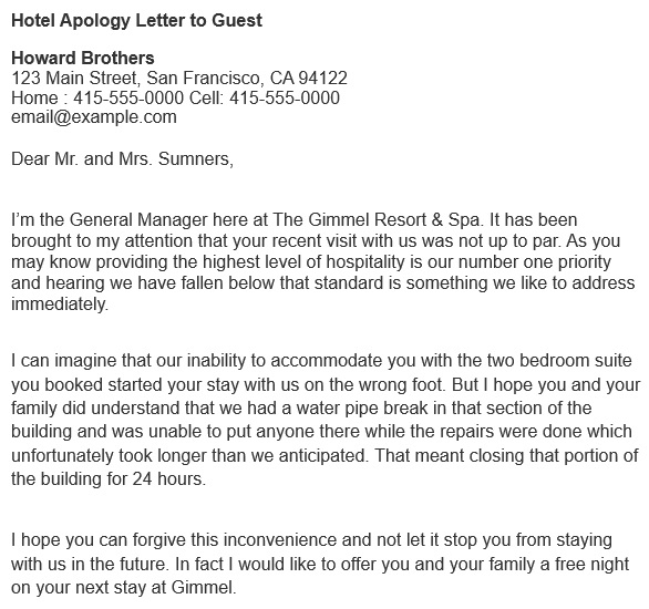hotel apology letter to guest